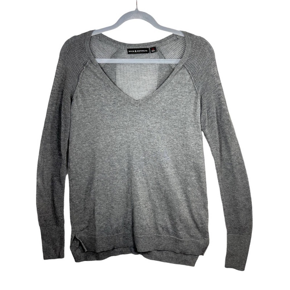 Rock & Republic Long Sleeve V Neck Mesh Lightweight Sparkle Sweater M